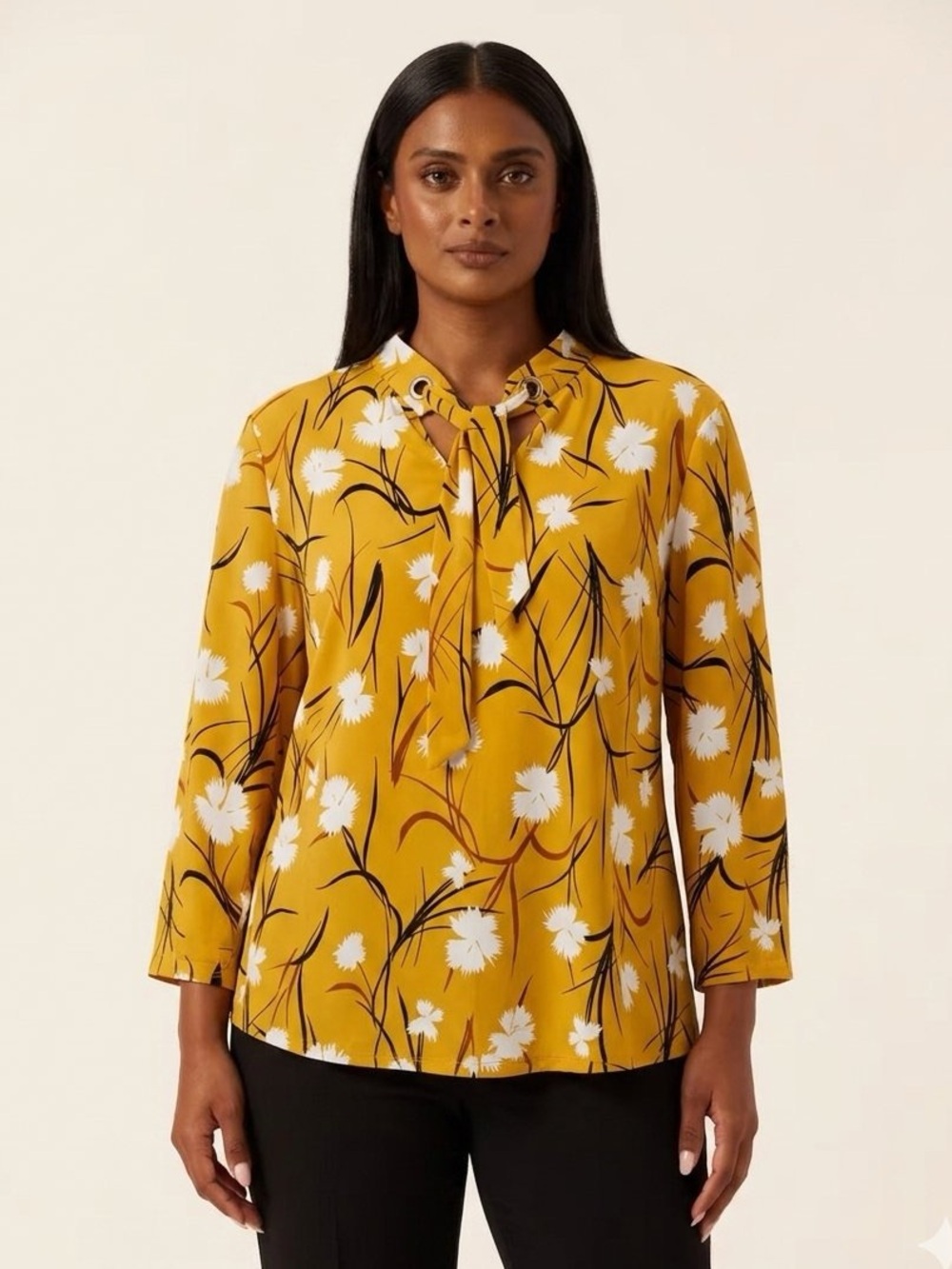 Liz Claiborne Mustard Floral Tie-Neck Blouse